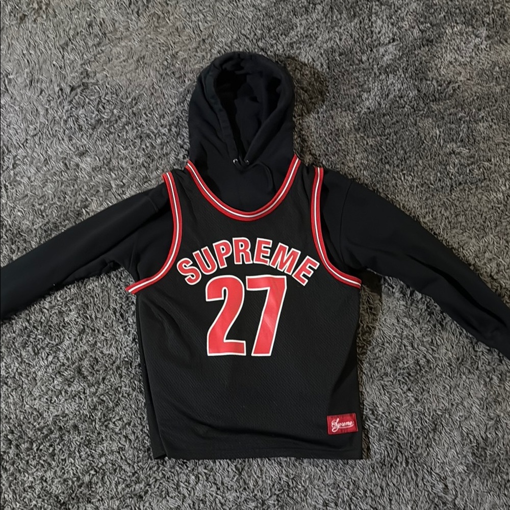 Supreme Black Hoodie with Red Jersey Overlay